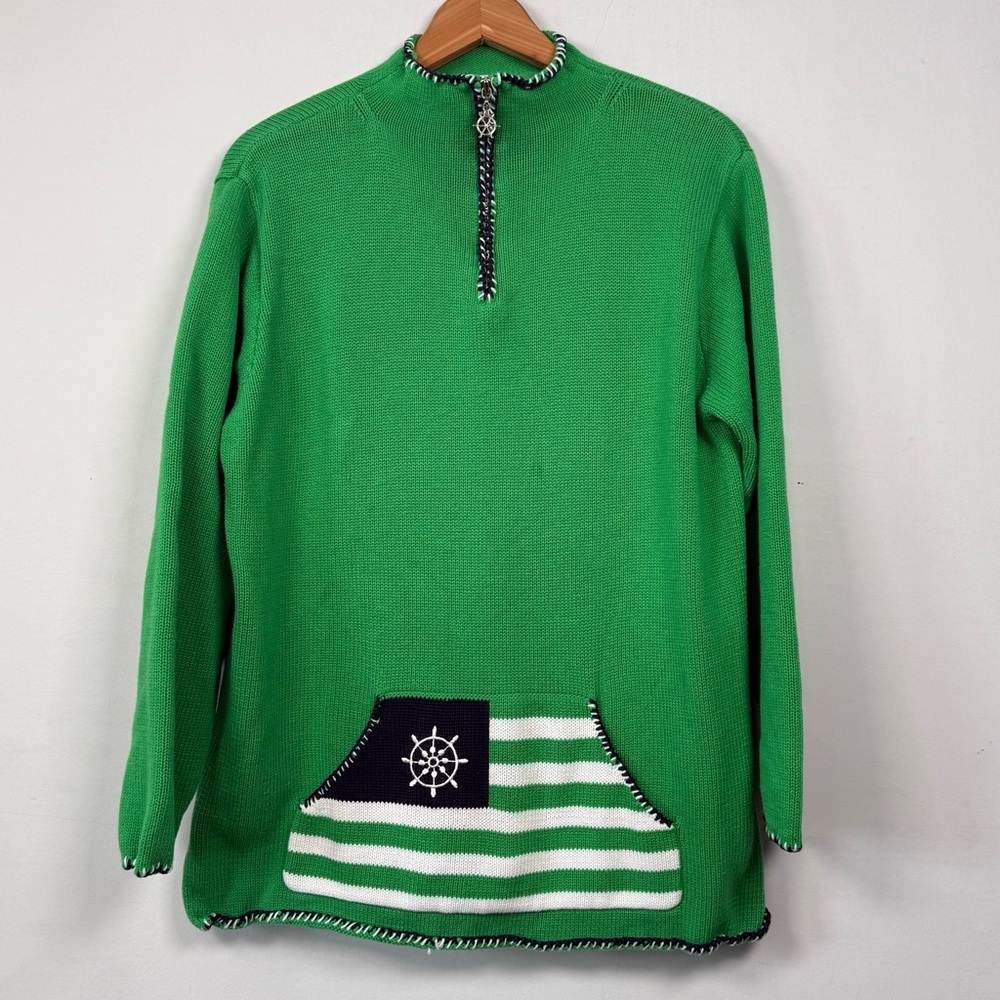Quacker Factory Green Zip Up Sweater with Nautical Design